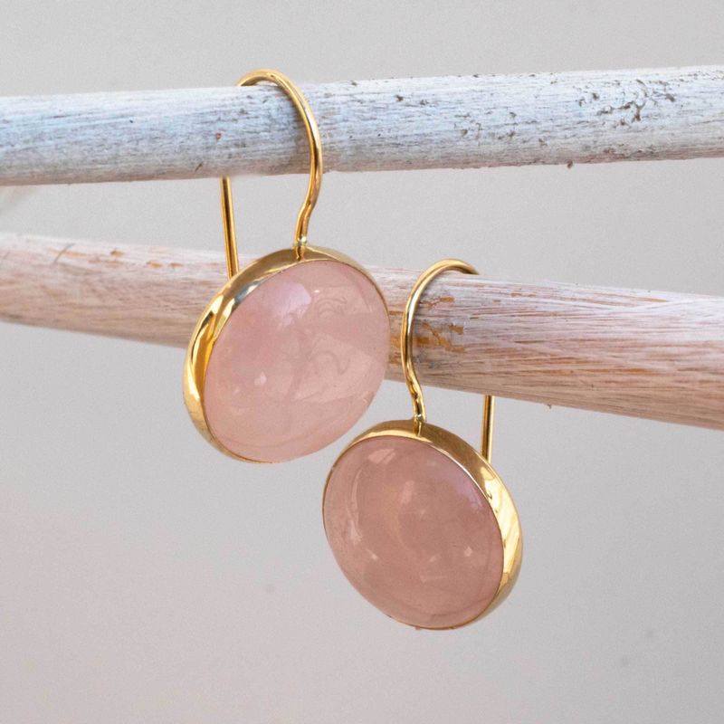 14K Gold Round 12mm Roze Quartz Dangle Earrings