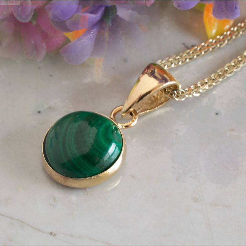 14K Yellow Gold Green Malachite Pendant - malachite necklace , Handmade 