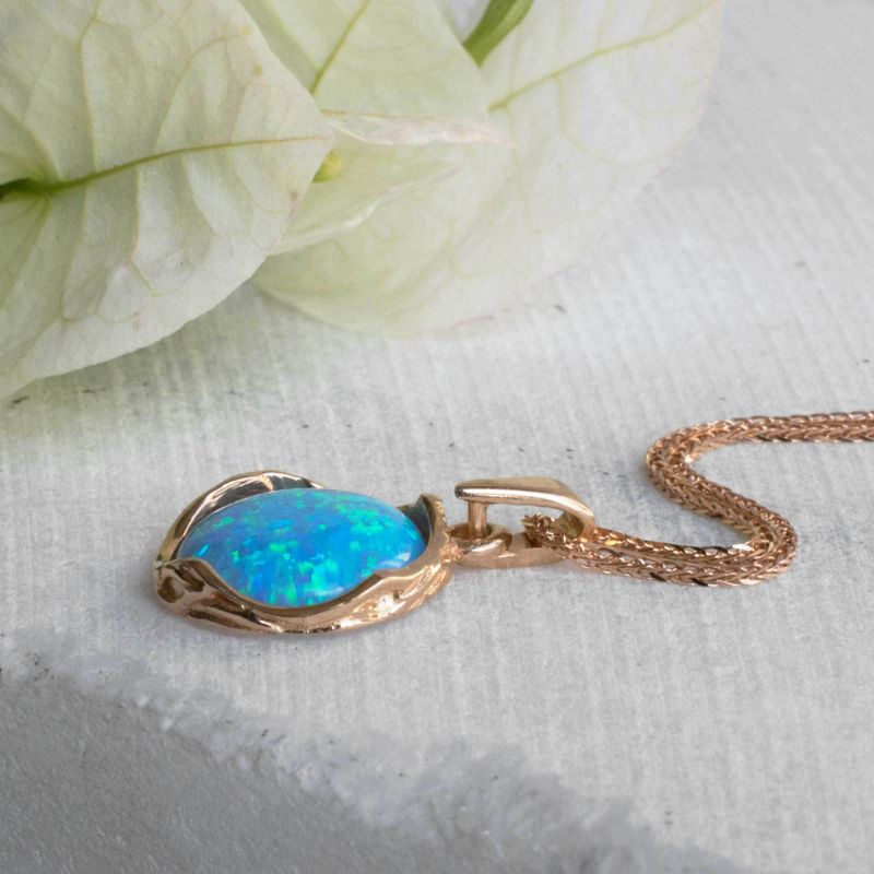 14K Rose gold 12mm Blue Opal Vintage Pendant