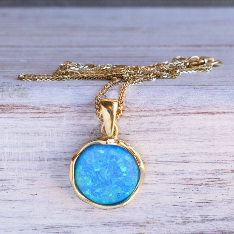 14K Yellow Gold 12mm Blue Opal Vintage Pendant