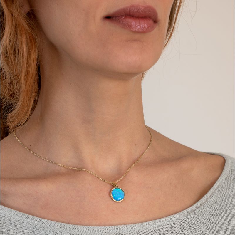 14K Yellow Gold 12mm Blue Opal Vintage Pendant