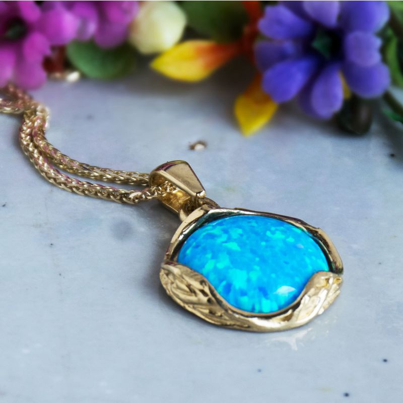 14K Yellow Gold 12mm Blue Opal Vintage Pendant