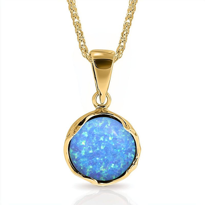 14K Yellow Gold 12mm Blue Opal Vintage Pendant