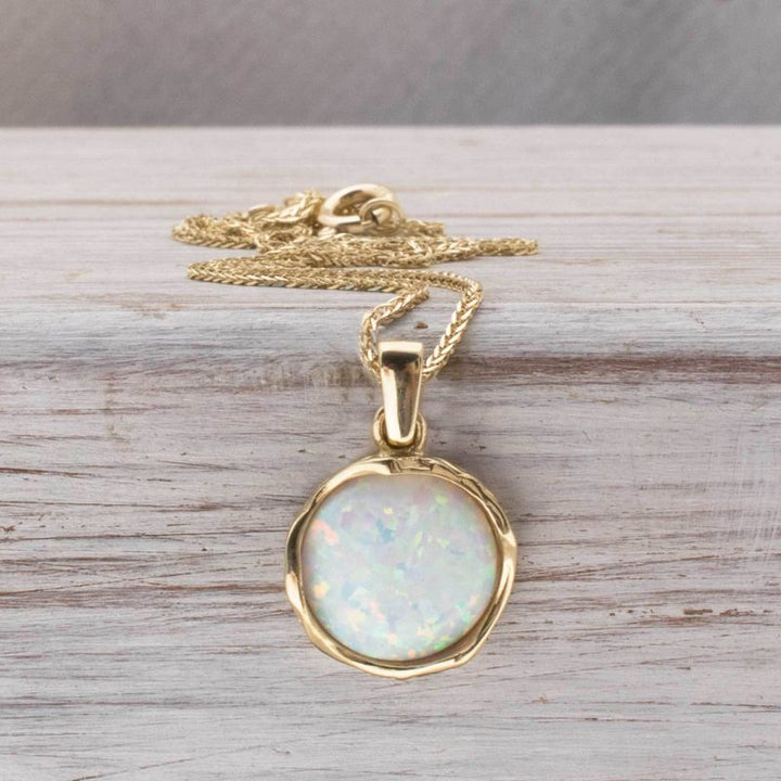 14K Yellow Gold 12mm White Opal Vintage Pendant