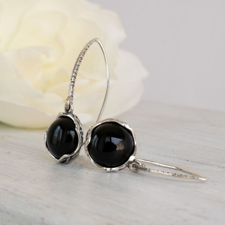 925 Sterling Silver Handmade 12mm Black Onyx Vintage Dangle Earrings