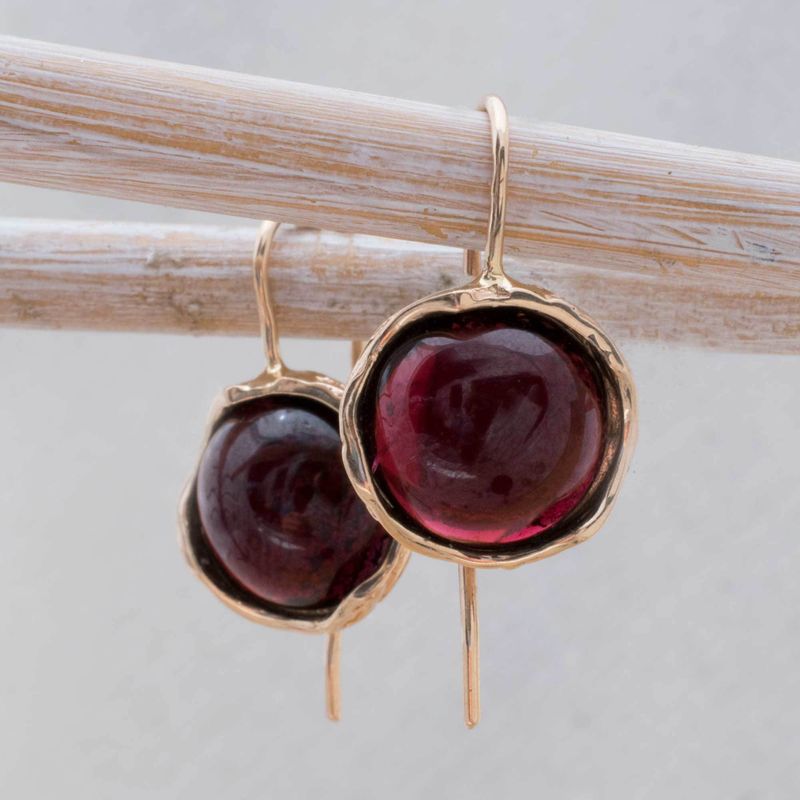 14k Solid Gold 12mm Garnet Vintage Earrings