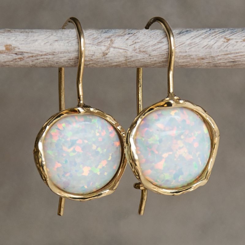 14k Solid Gold 12mm White Opal Vintage Earrings