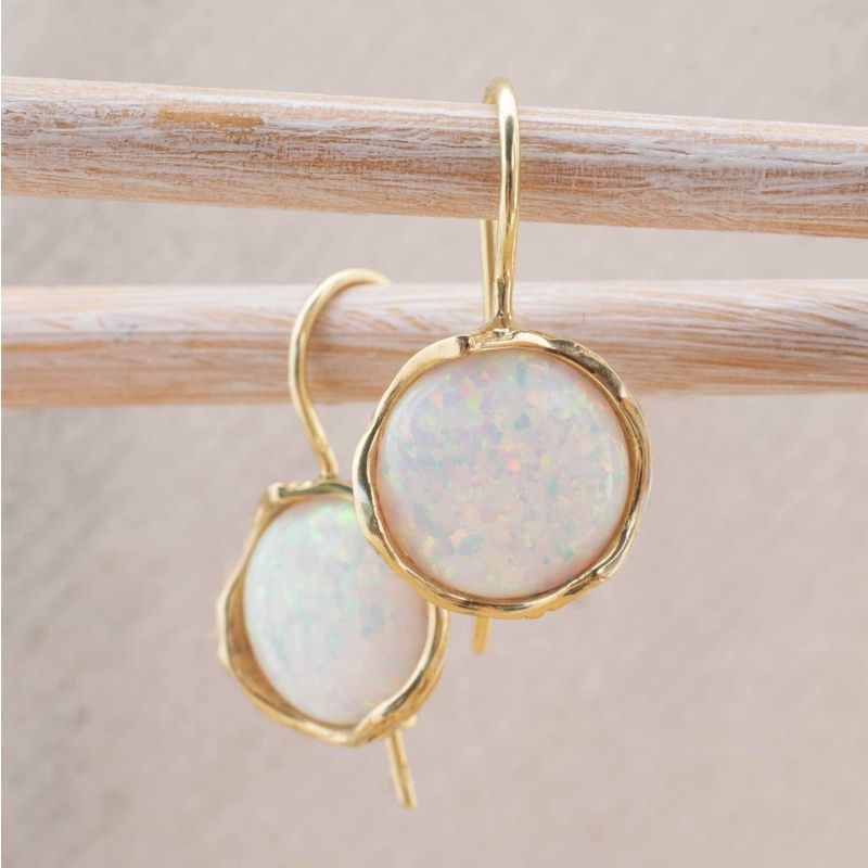 14k Solid Gold 12mm White Opal Vintage Earrings