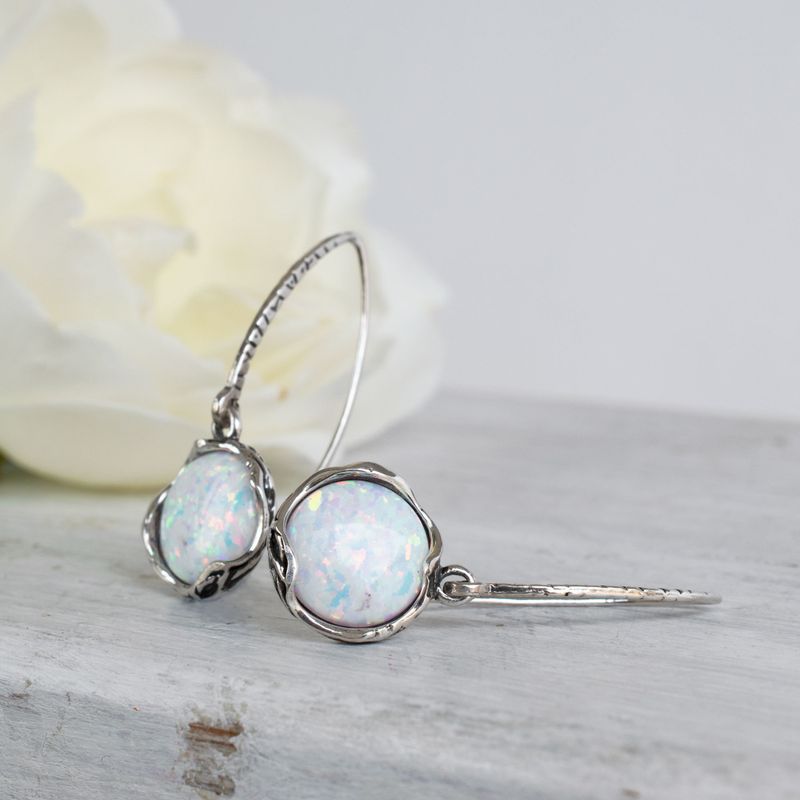 925 Sterling Silver Handmade 12mm White Opal Vintage Dangle Earrings