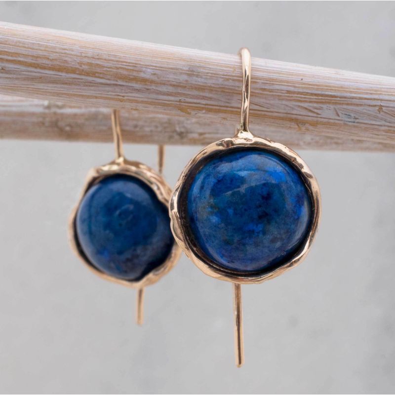 14k Solid Gold 12mm Lapis Vintage Earrings