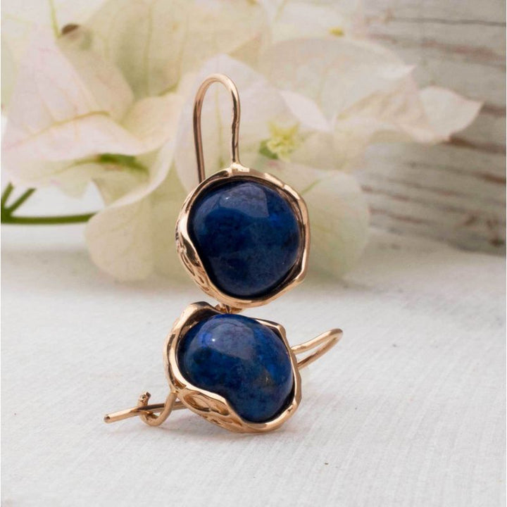 14k Solid Gold 12mm Lapis Vintage Earrings