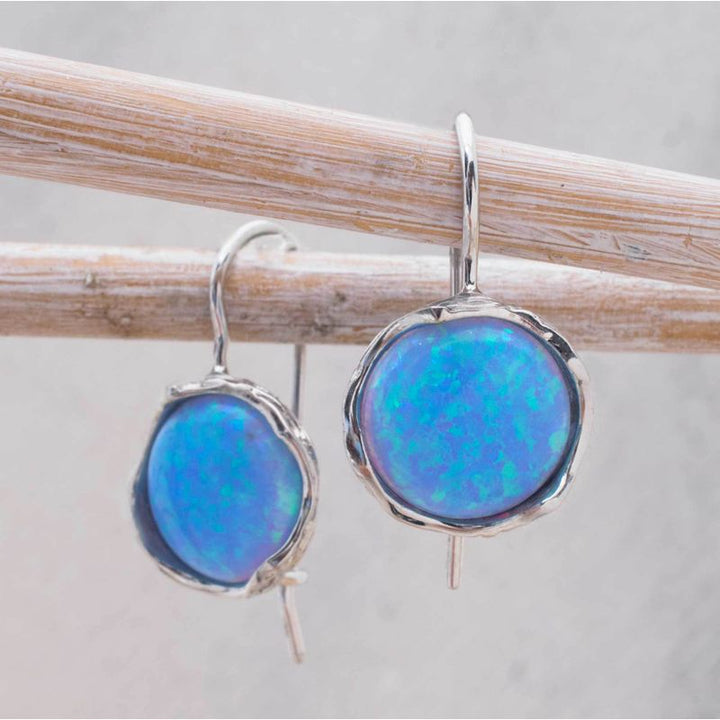 14k Solid Gold 12mm Blue Opal Vintage Earrings