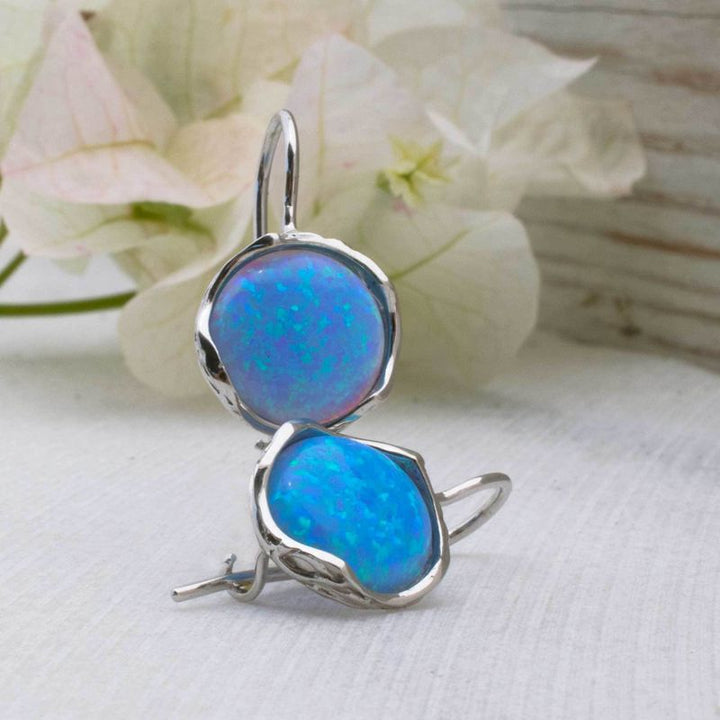 14k Solid Gold 12mm Blue Opal Vintage Earrings