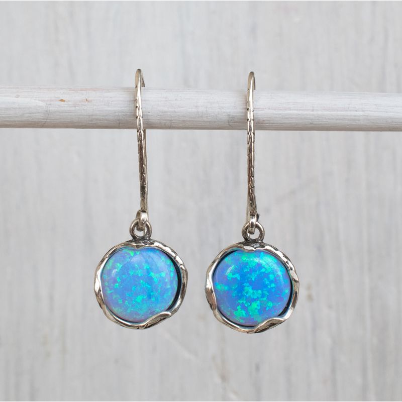 925 Sterling Silver Handmade 12mm Blue Opal Vintage Dangle Earrings