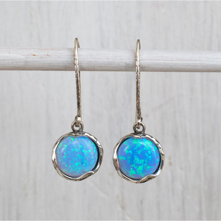 925 Sterling Silver Handmade 12mm Blue Opal Vintage Dangle Earrings