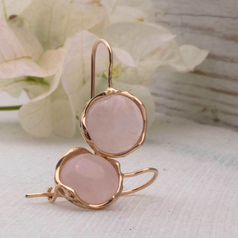 14k Solid Gold 12mm Roze Quartz Vintage Earrings