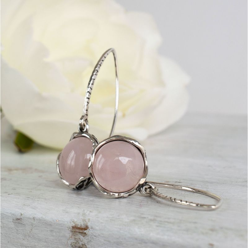 925 Sterling Silver Handmade 12mm Rose Quartz Vintage Dangle Earrings