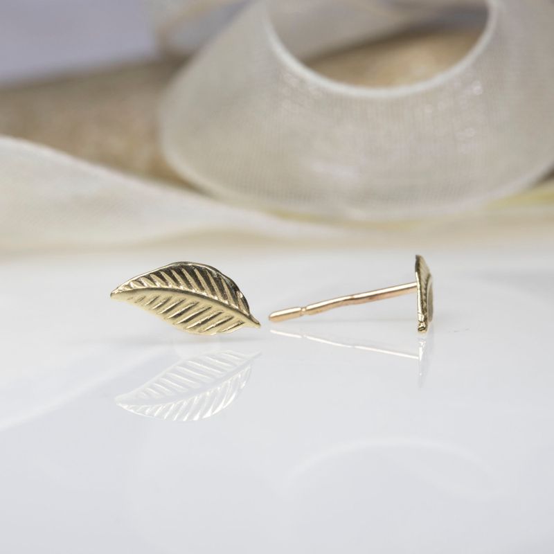 14k Solid Gold Leaf Stud Earrings With Gold Closures