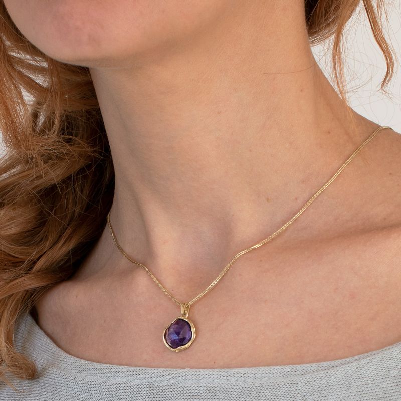 14K Yellow Gold Round Purple Amethyst Pendant - Vintage Boho Necklace , Handmade 