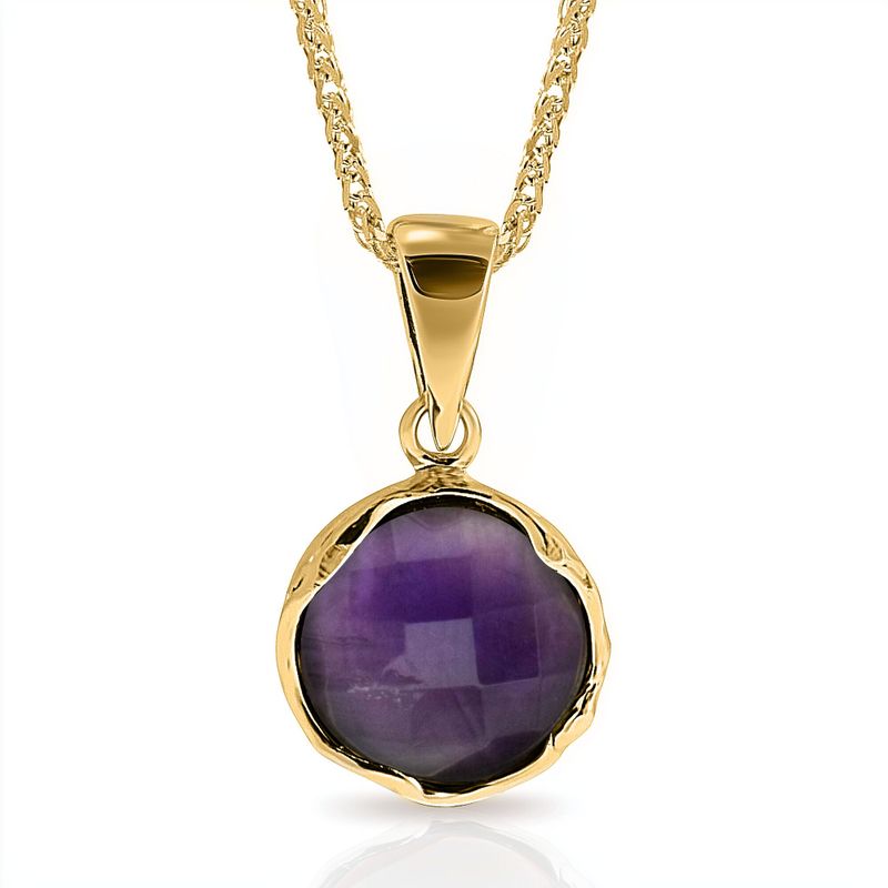 14K Yellow Gold Round Purple Amethyst Pendant - Vintage Boho Necklace , Handmade 