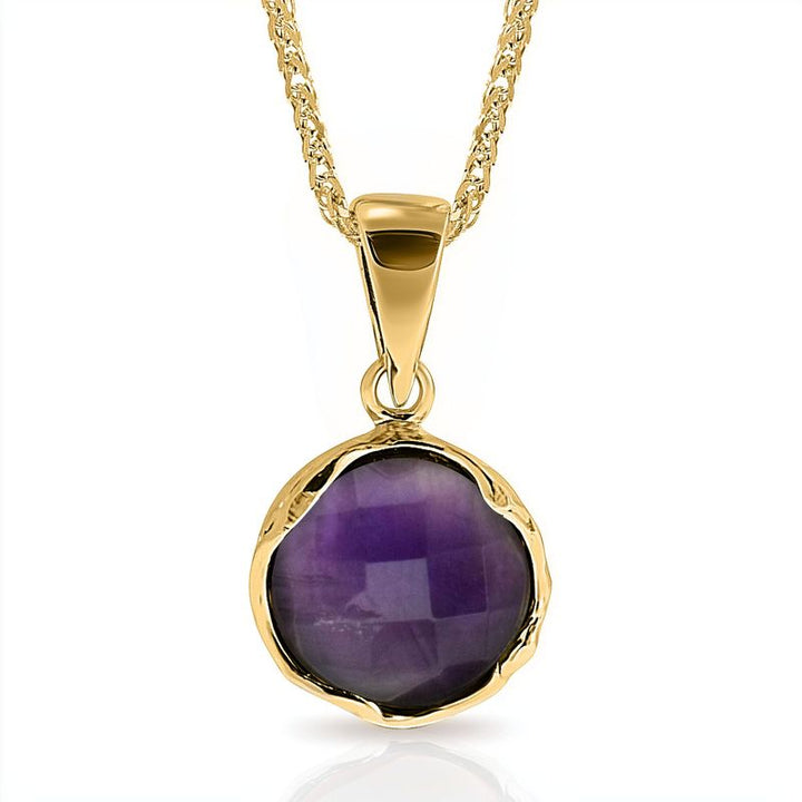 14K Yellow Gold Round Purple Amethyst Pendant - Vintage Boho Necklace , Handmade 