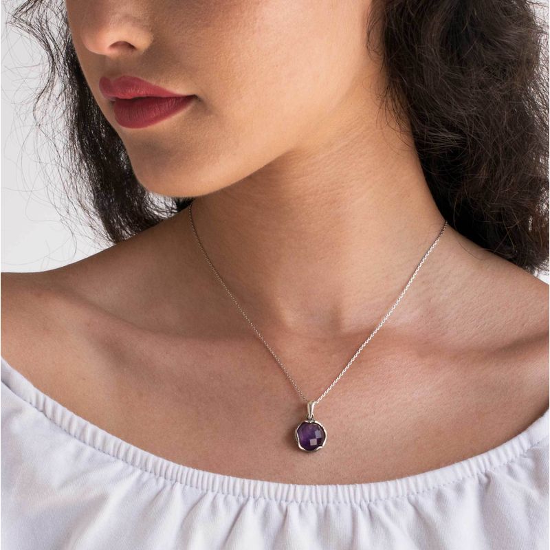 14K White gold Round Purple Amethyst Pendant - Vintage Gold Necklace , Handmade 