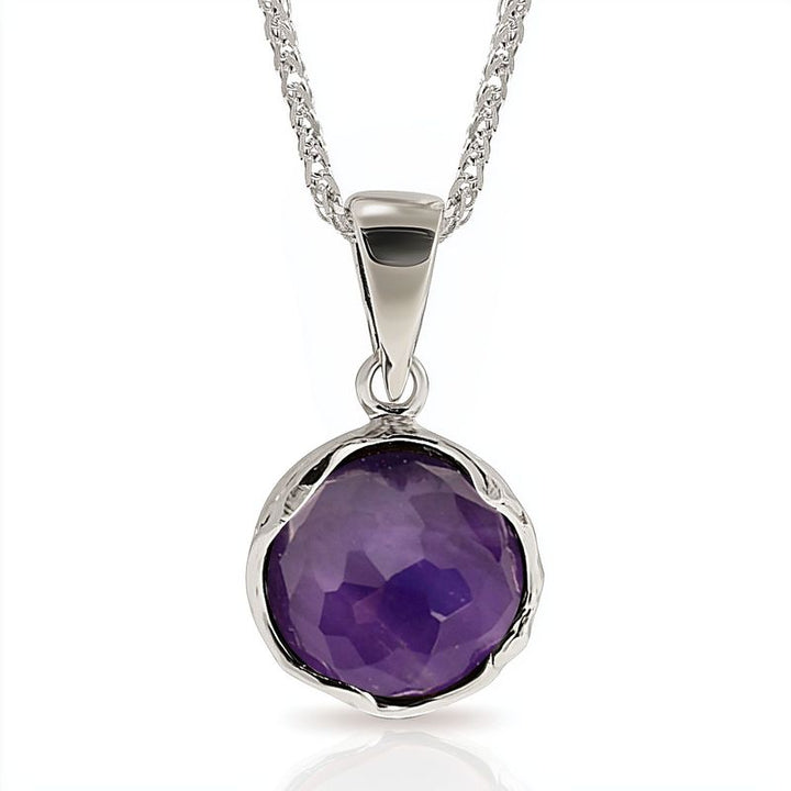 14K White gold Round Purple Amethyst Pendant - Vintage Gold Necklace , Handmade 