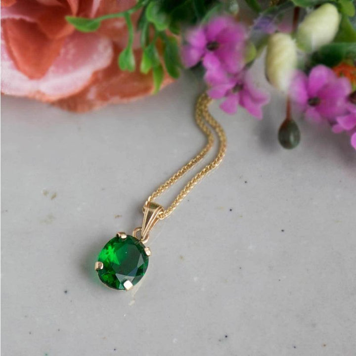 14K Yellow Gold 8x10mm Green CZ Oval Pendant