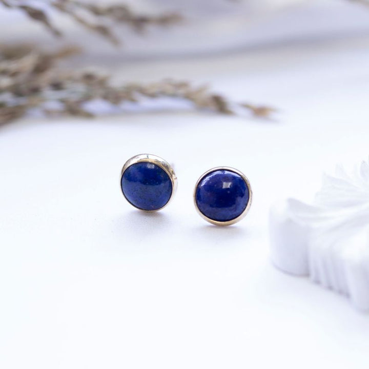 14k Solid Gold 6mm Lapis Stud Earrings With Gold Closures