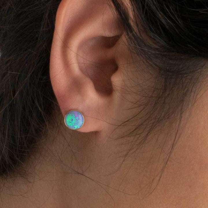 14k Solid Gold 8mm Blue Opal Stud Earrings With Gold Closures