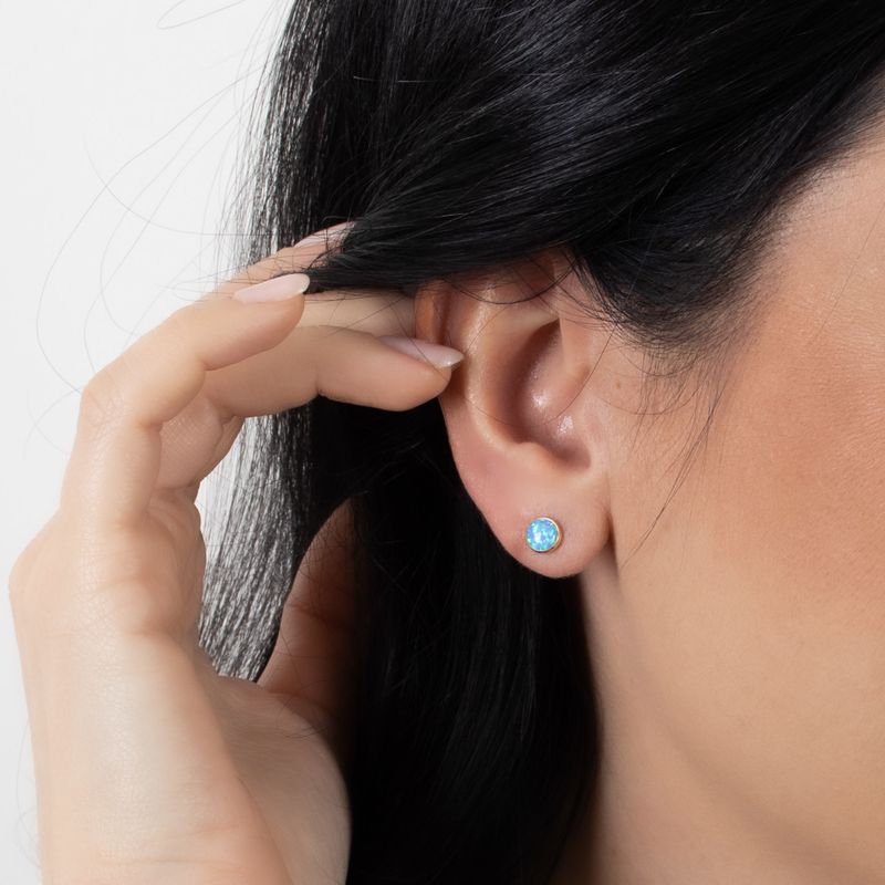 14k Solid Gold 6mm Blue Opal Stud Earrings With Gold Closures