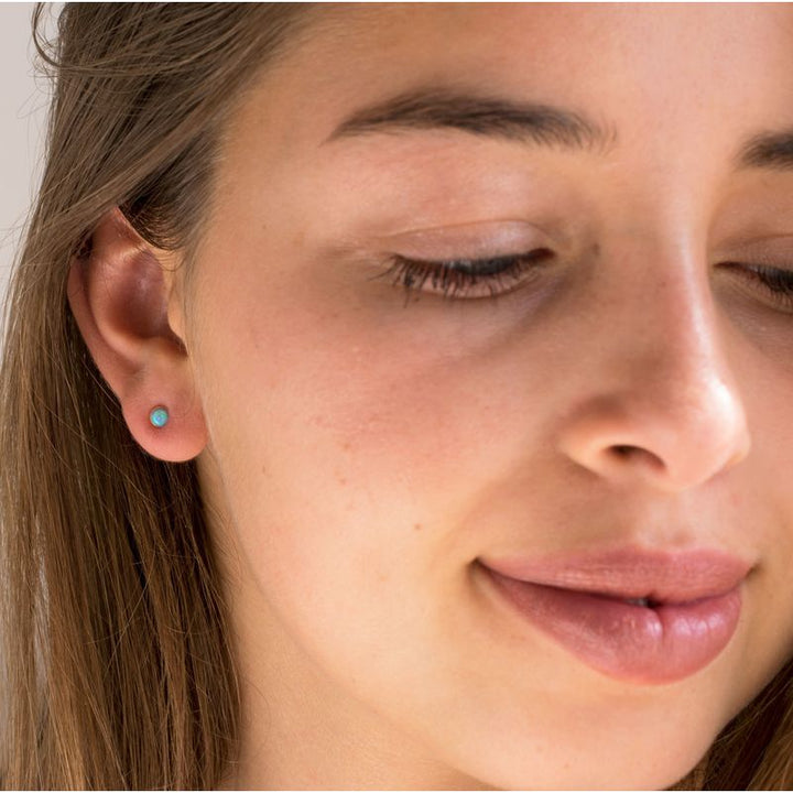 14k Solid Gold 4mm Blue Opal Stud Earrings With Gold Closures