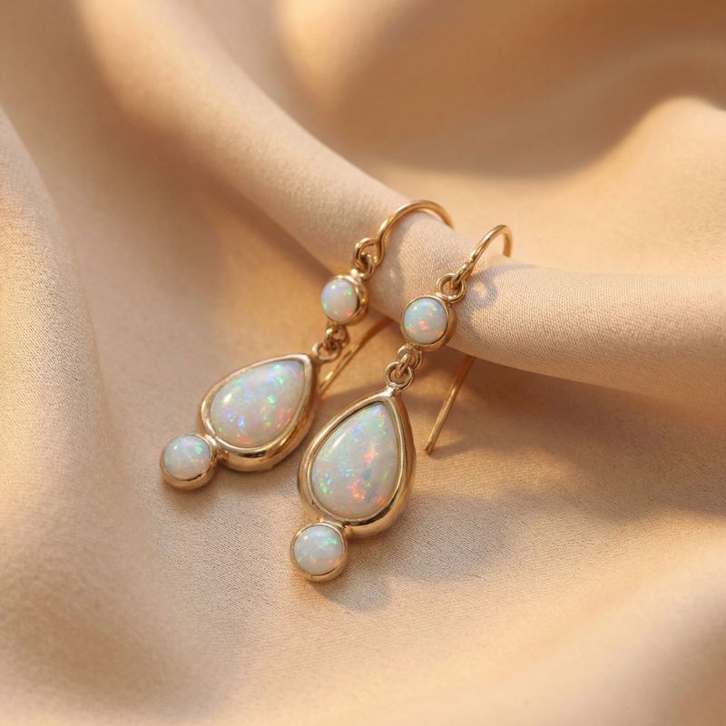 14k Solid Gold White Opal Dangle Earrings