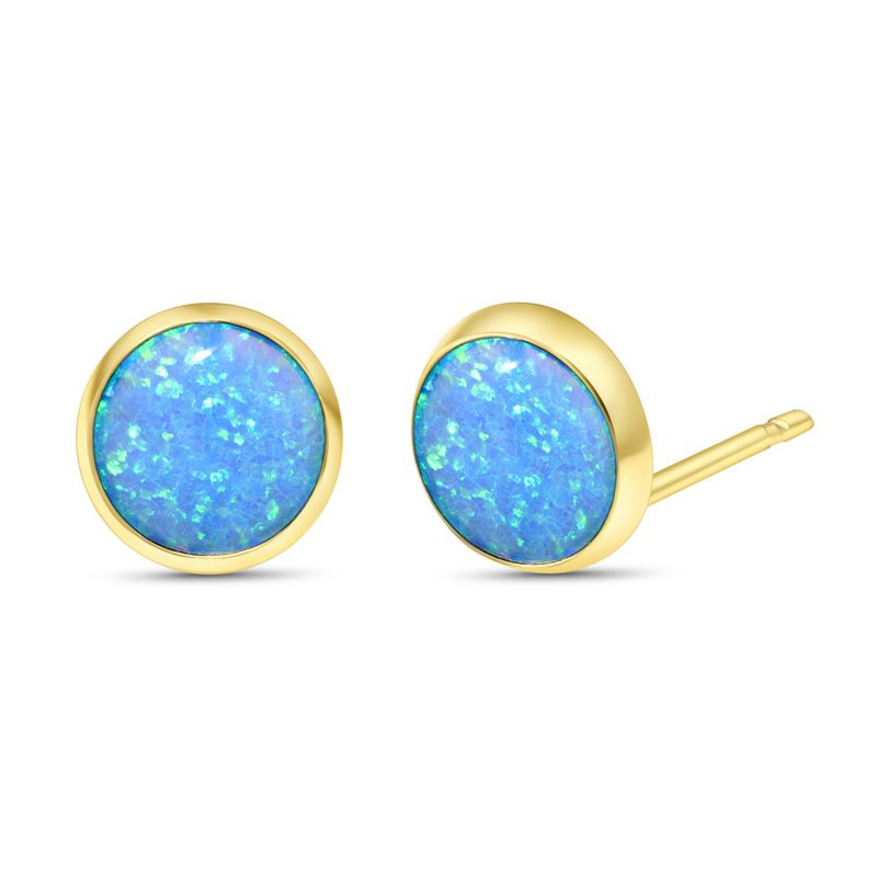 14k Solid Gold 12mm Blue Opal Stud Earrings With Gold Closures