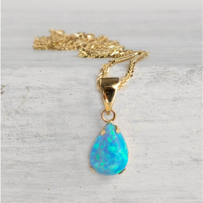 14K Yellow Gold 7x10mm Blue Opal Drop Pendant