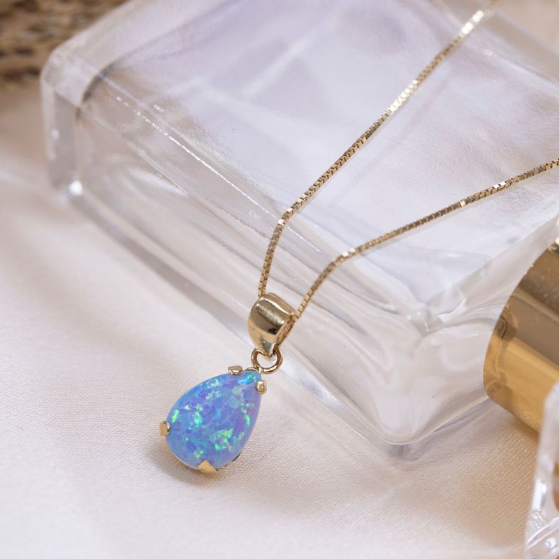 14K Yellow Gold 7x10mm Blue Opal Drop Pendant