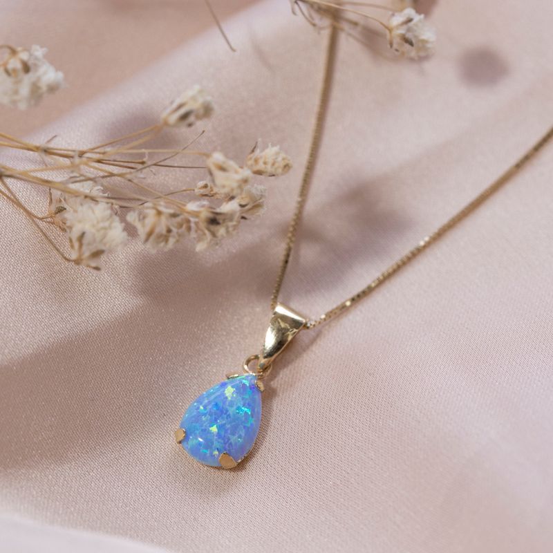 14K Yellow Gold 7x10mm Blue Opal Drop Pendant