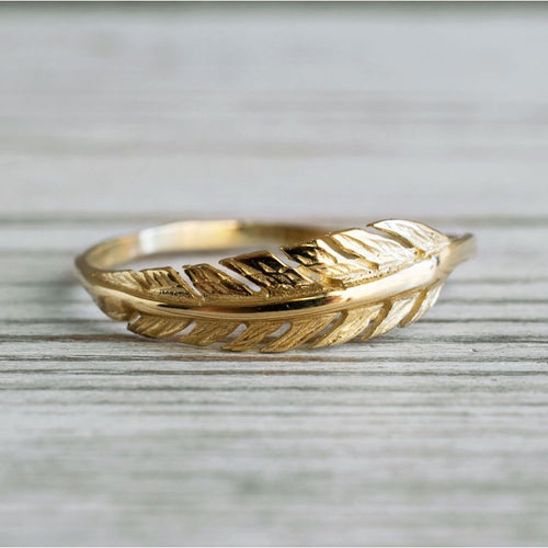 14k Solid Yellow Gold Feather Ring