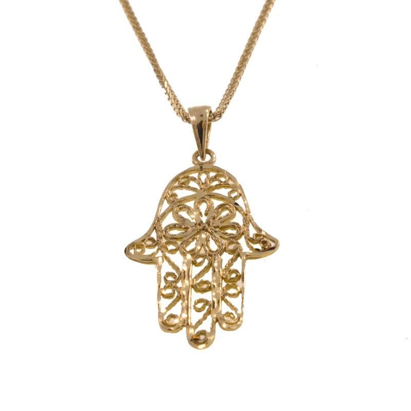 14k Solid Yellow Gold Hamsa Pendant With Diamond Cuts