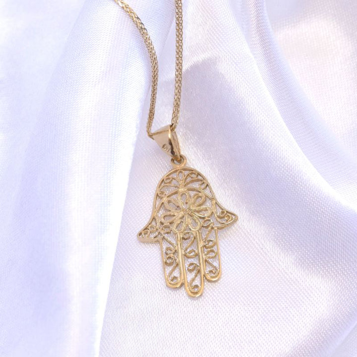 14k Solid Yellow Gold Hamsa Pendant With Diamond Cuts