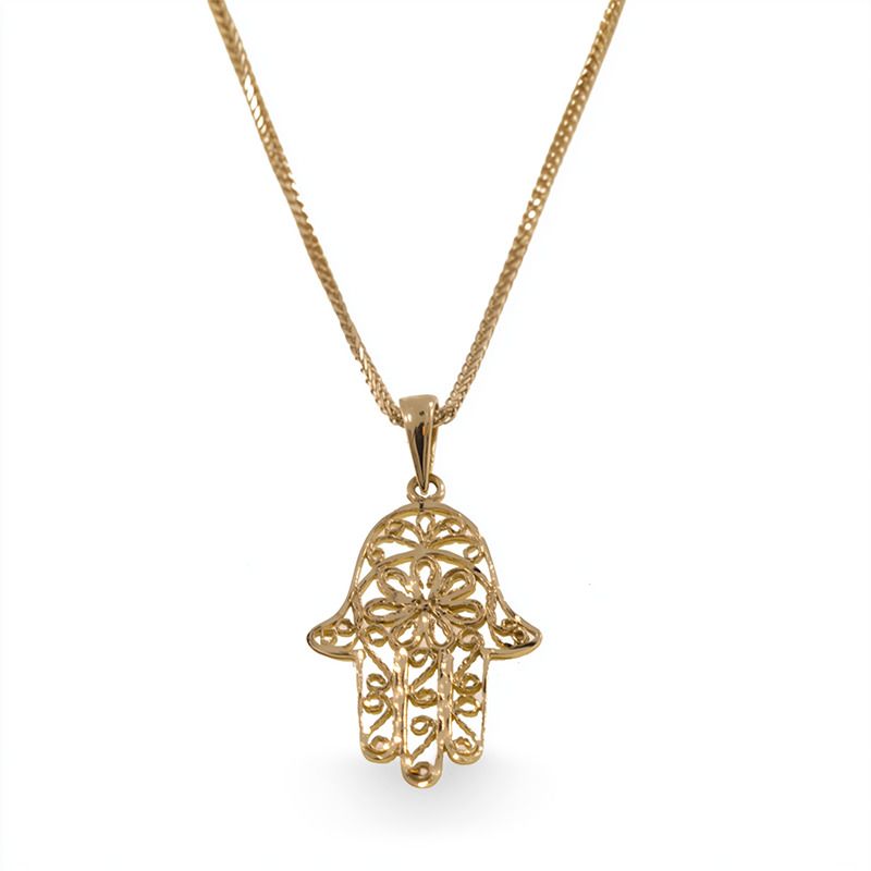 14k Solid Yellow Gold Hamsa Pendant With Diamond Cuts