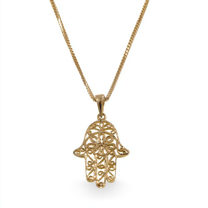 14k Solid Yellow Gold Hamsa Pendant With Diamond Cuts