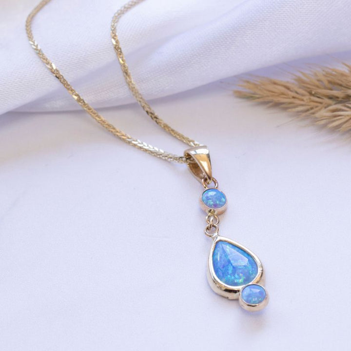 14k Solid Gold Blue Opal Dangle Pendant