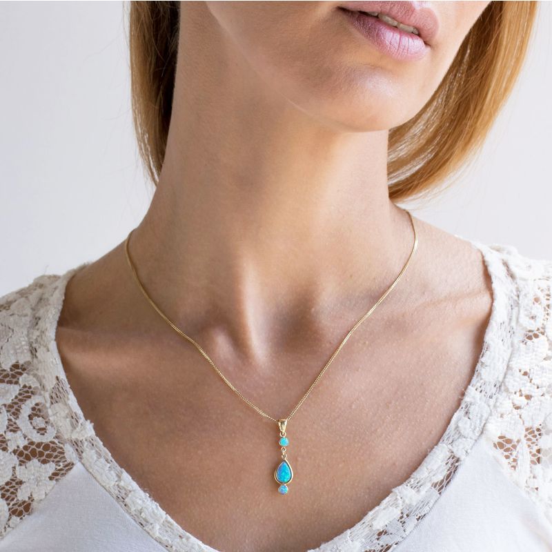 14k Solid Gold Blue Opal Dangle Pendant