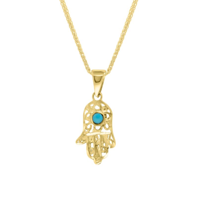 14k Solid Yellow Gold Hamsa Pendant With Small Turquoise Gemstone