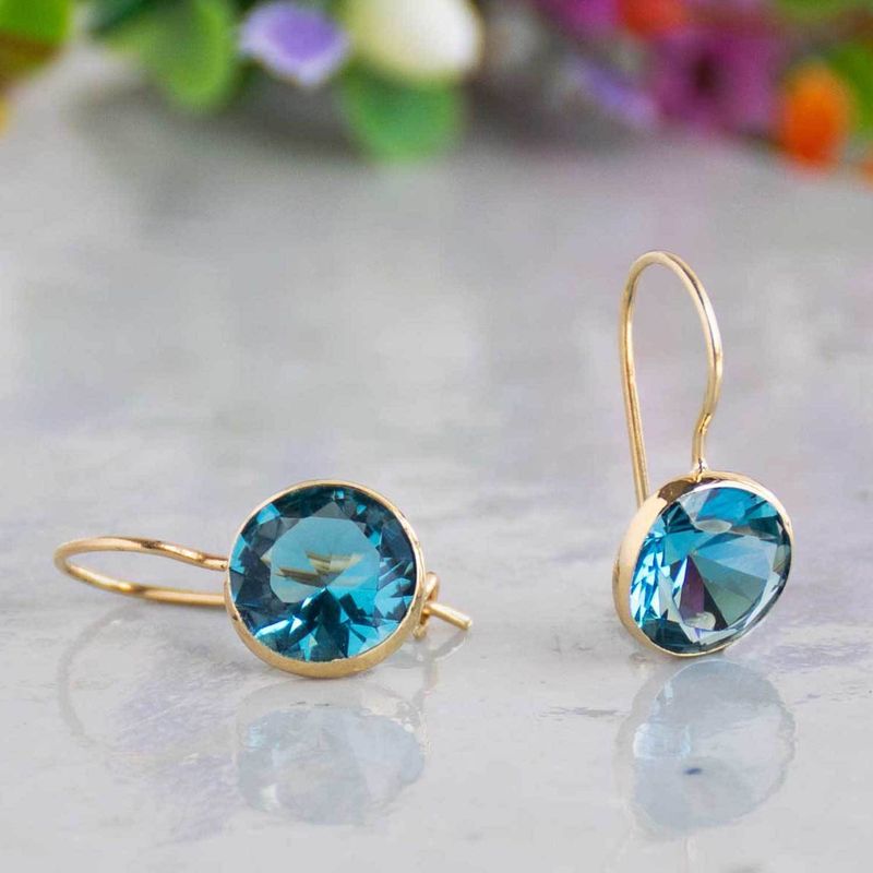 14K Gold Round 8mm Blue CZ Dangle Earrings