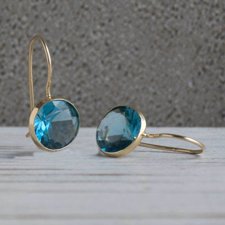 14K Gold Round 8mm Blue CZ Dangle Earrings