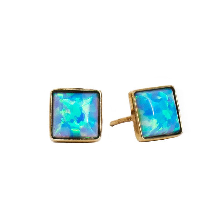 14k Solid Gold Stud Earrings With Square Blue Opal Gemstone