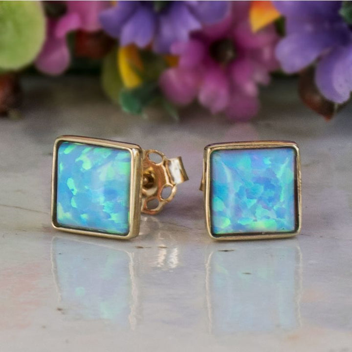 14k Solid Gold Stud Earrings With Square Blue Opal Gemstone