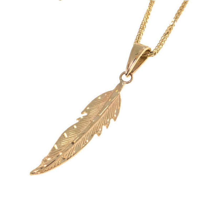 14K Solid Yellow Gold Feather Pendant With Diamond Cut